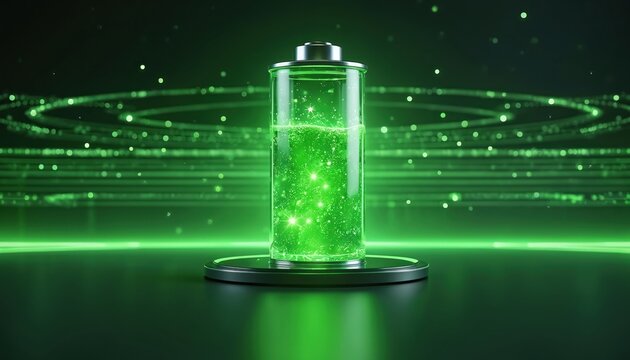Bright green battery glows with energy particles. Digital abstract illustration of full power, clean energy, and future tech. This concept symbolizes recharge and innovation. - Powered by Adobe