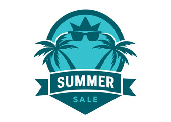 Summer sale badge with two palm trees, sunglasses, crown, and ribbon banner