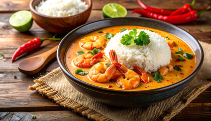Brazilian Bob&oacute; de Camar&atilde;o with Rice on Wooden Table