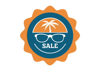 Summer sale badge with palm tree and sunglasses on a wavy orange and blue background