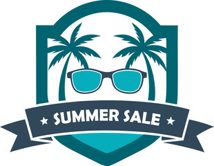 Summer sale shield badge with two palm trees, sunglasses, and star accents