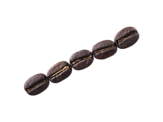 Five roasted coffee bean arranged in row on transparency background, showcasing their dark brown color and glossy texture, perfect for coffee concepts or food backgrounds