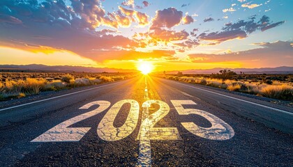 The Year 2025 Painted On A Desert Highway At Sunrise With Golden Hour Light And Dramatic Clouds