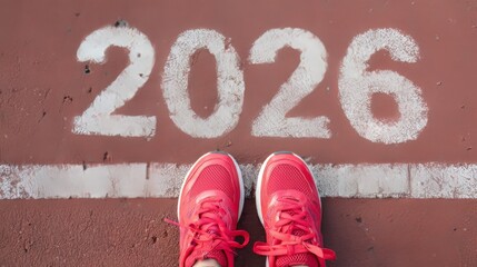 Close-up of running shoes on the starting line with "2026" written in white numbers, symbolizing the concept of New Year's resolutions and a fresh start.