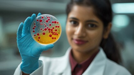 Female scientist examining a petri dish with bacterial culture in a laboratory setting.