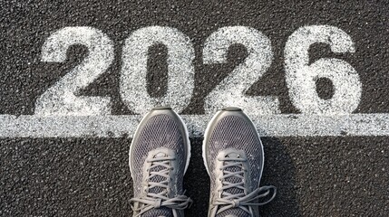 Close-up of running shoes on the starting line with "2026" written in white numbers, symbolizing the concept of New Year's resolutions and a fresh start.