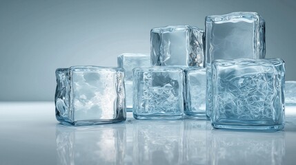 Clear, reflective ice cubes stacked on a glossy surface, creating a cool, refreshing ambiance.