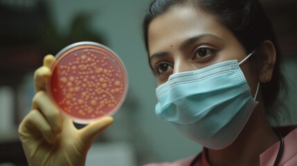 Female scientist in mask examining a red petri dish in a laboratory setting.