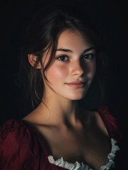 Young woman with soft lighting highlighting her face against a dark background.