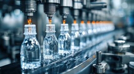 Row of clear water bottles on an automated production line in a factory setting.