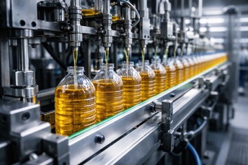 Yellow oil liquid industrial bottling line