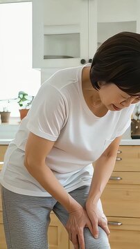 キッチンで、片膝の痛みに苦悶する中年女性（縦型動画）