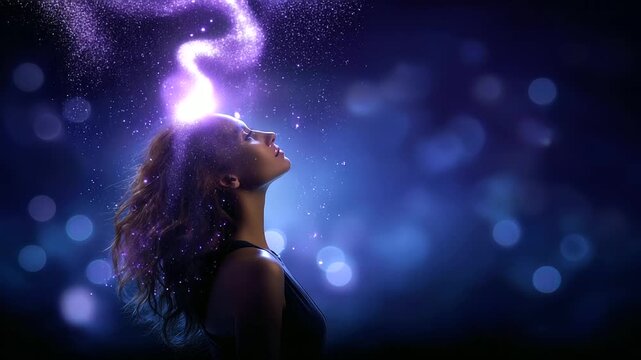 Faceless woman silhouette connecting to the universe, purple stream of consciousness flowing upward from the crown chakra, abstract background, defocused, with copy space