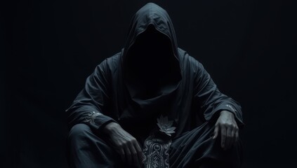 A hooded figure sits in darkness with hands clasped and ornate robe details visible