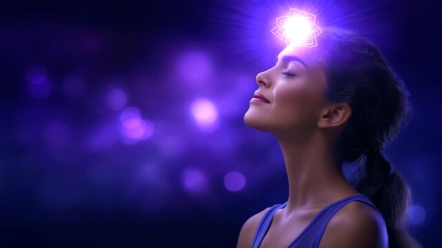 Faceless woman silhouette with abstract moon symbol above the forehead, crown chakra divine connection theme, clean purple background, defocused glow, with copy space