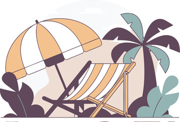 Colorful beach scene with palm tree and lounge chair