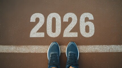 Close-up of running shoes on the starting line with "2026" written in white numbers, symbolizing the concept of New Year's resolutions and a fresh start.