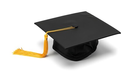 Close up of a black graduation cap with a yellow tassel on a white background