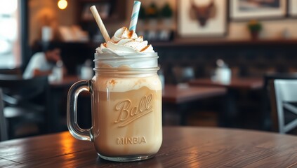 Iced coffee in a mason jar with whipped cream and straws on a wooden table top