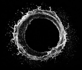 A circular splash of water against a black backdrop, forming a clear, fluid ring