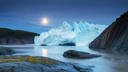 Fototapeta premium Dramatic nighttime photograph of a majestic glacier under a full moon with calm water and rugged shorelines