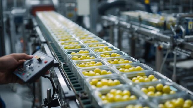 Hand operating a control panel on a conveyor belt with rows of yellow fruit in plastic containers
