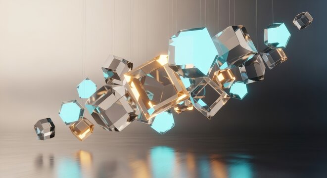 Abstract futuristic geometric prisms suspended in a smooth ivory to steel gradient with neon beams. Inventive dynamic concept - Powered by Adobe