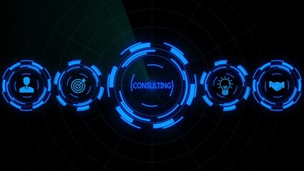 Modern Consulting Concept with Digital Interface and Business Strategy futuristic technology services. 4k video glowing animation