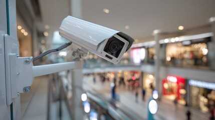 A security camera is mounted in a shopping mall, overseeing shoppers and stores in a modern, bustling environment.