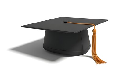A black graduation cap with an orange tassel on a white background