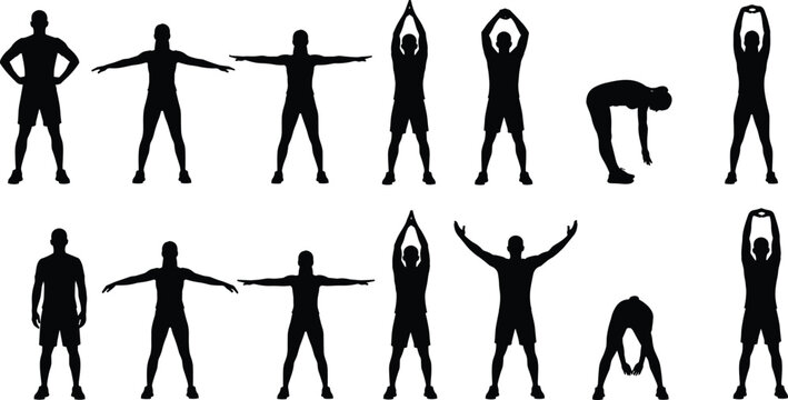 Fitness stretching exercise silhouette set showing full body warm up poses for workout training yoga flexibility routine illustration