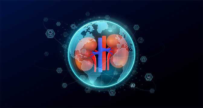 Human organ red kidney in blue transparent globe. Medic science icons surrounded. Medical world future. Global there is increasing importance placed on health care. Vector.