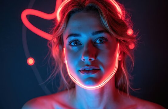Young woman illuminated by neon red and blue light. Face contour glow with abstract shapes, futuristic portrait. Cyberpunk style beauty, night atmosphere, vibrant colors. - Powered by Adobe