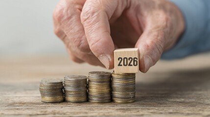 A man's hand placing a wooden block with the text "2026" on a stack of coins, symbolizing business finance, future planning, and financial goals for the New Year or year-end resolutions.