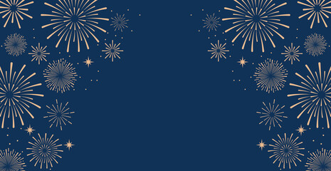 Elegant gold fireworks burst and sparkling stars on clean blue background, festive celebration illustration for New Year, holiday party, greeting card, luxury event design, minimalist style vector. © bibin