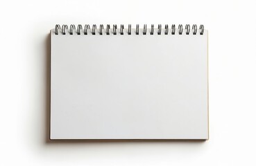 Blank open spiral bound notebook lies on white surface. Simple notepad for writing notes or drawing sketches. Clean pages invite creative ideas or work plans. Back to school or office supply.