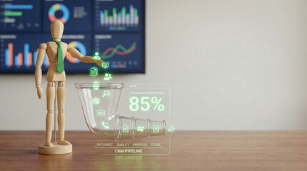 Crm sales pipeline performance concept with wooden mannequin and digital icons showing business growth and conversion rate on wooden table in office