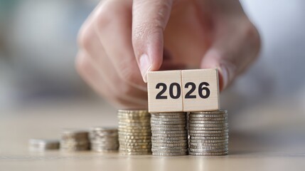 A man's hand placing a wooden block with the text "2026" on a stack of coins, symbolizing business finance, future planning, and financial goals for the New Year or year-end resolutions.