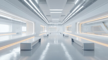 Futuristic white interior corridor design