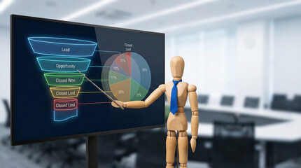 Wooden mannequin presenting sales pipeline and crm performance chart in modern office environment showing business growth and strategy