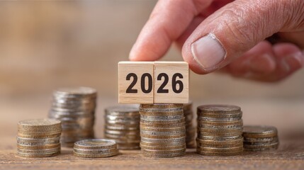 A man's hand placing a wooden block with the text "2026" on a stack of coins, symbolizing business finance, future planning, and financial goals for the New Year or year-end resolutions.