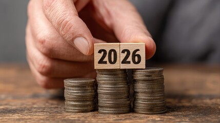 A man's hand placing a wooden block with the text "2026" on a stack of coins, symbolizing business finance, future planning, and financial goals for the New Year or year-end resolutions.