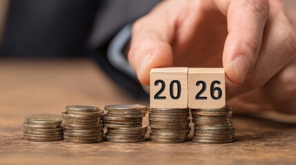 A man's hand placing a wooden block with the text "2026" on a stack of coins, symbolizing business finance, future planning, and financial goals for the New Year or year-end resolutions.