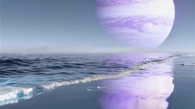 Orilla de un mar de helio líquido con una  luna helada en un planeta alien&iacute;gena