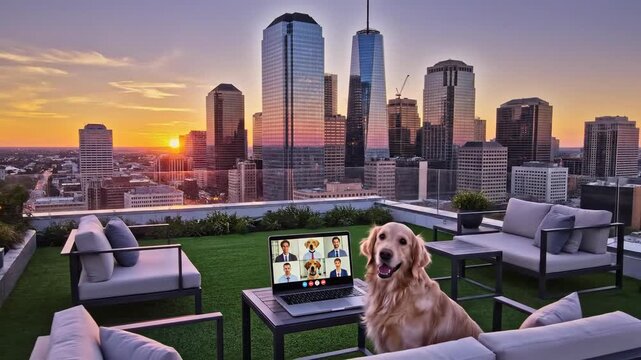 A humorous scene of a golden retriever dog attending a virtual business meeting on a laptop from a luxury city rooftop patio with a spectacular sunset skyline view
