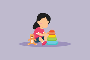 Little boy is busy playing with his toys. Children playing toys Concept. Colored flat vector illustration isolated