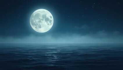 A full moon illuminates the dark ocean waters under a starry night sky scene view