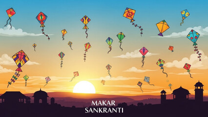 Vibrant kites soar in the sky during makar sankranti festival at sunset with colorful kites