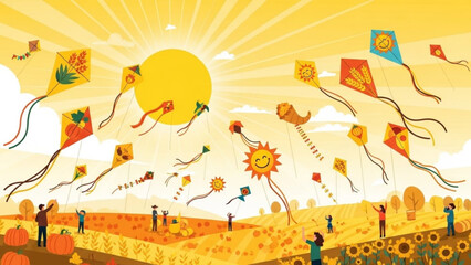 People flying colorful kites with smiling sun designs in a sunny field of pumpkins