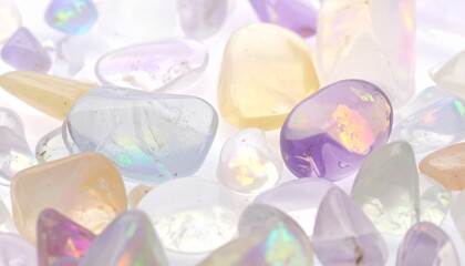 白背景に透き通る淡い宝石とクリスタルの輝き女性向けおしゃれテクスチャ背景